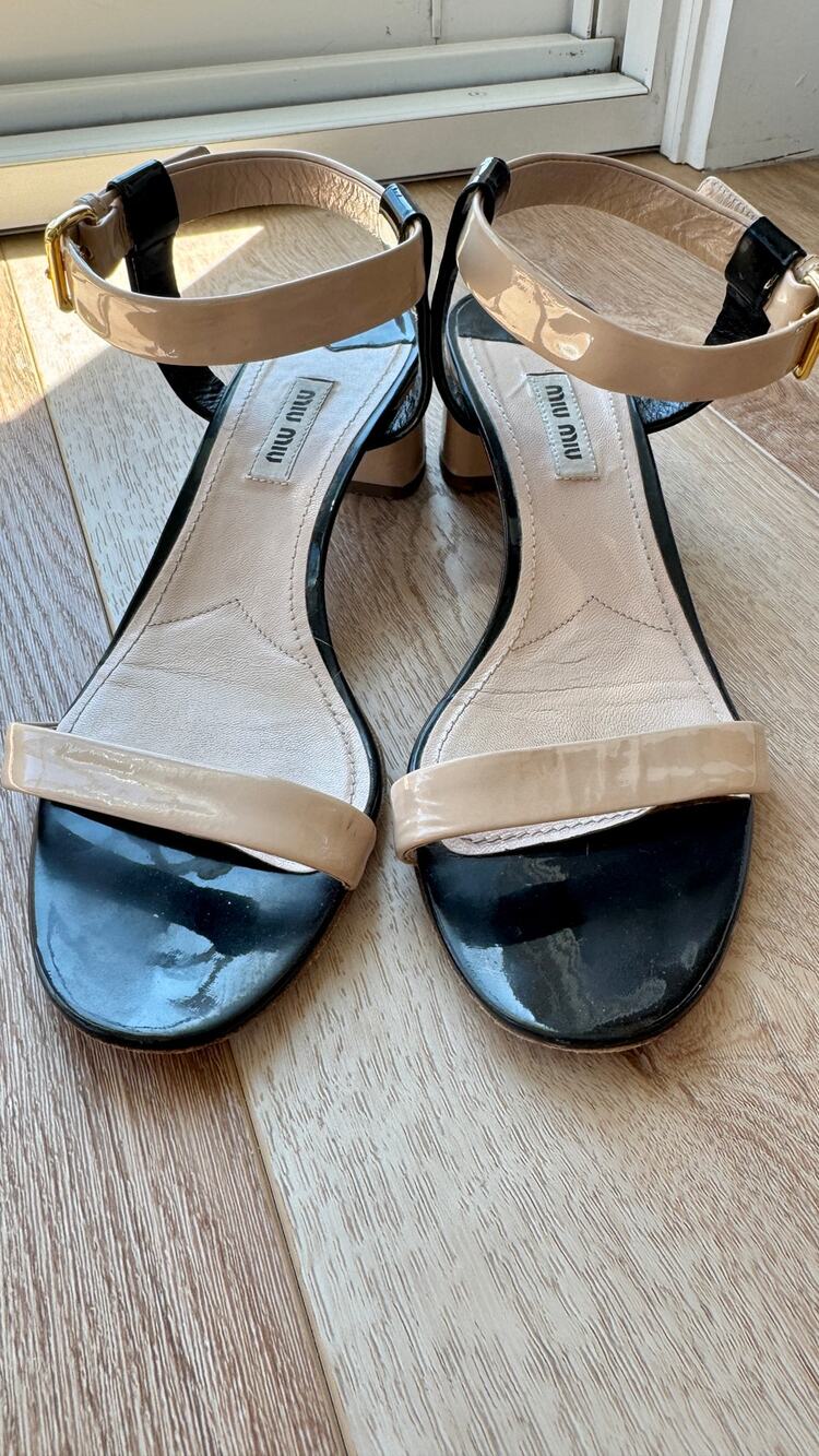 Miu Miu Patent Leather Two Tone Block Heel Ankle Strap Sandals Size 38